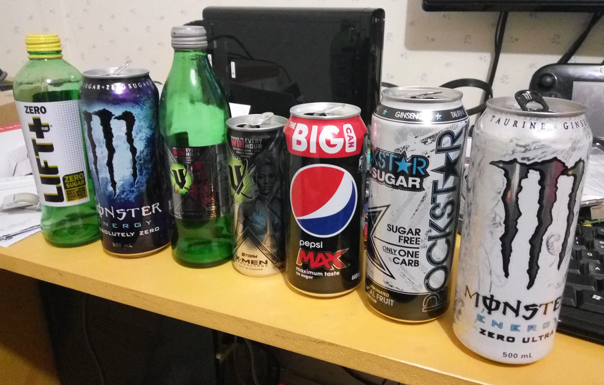 From left: Lift Plus Zero, Monster Absolute Zero, V Zero, V Sugar Free, Pepsi Max, Rockstar Zerosugar, Monster Zero Ultra